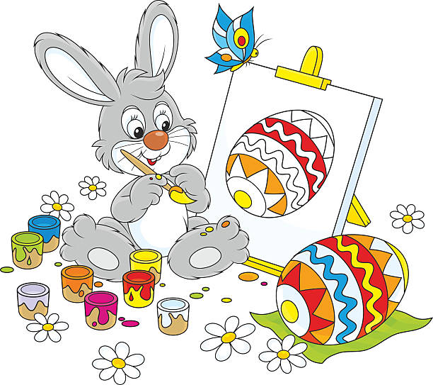 Easter Bunny painter Happy little rabbit drawing a colorful Easter egg on an easel hare and leveret stock illustrations