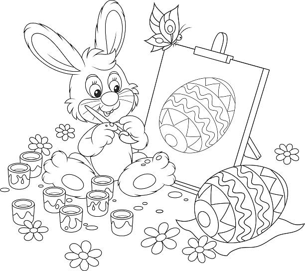 Easter Bunny painter Happy little rabbit drawing Easter egg on an easel, a black and white vector illustration for a coloring book hare and leveret stock illustrations