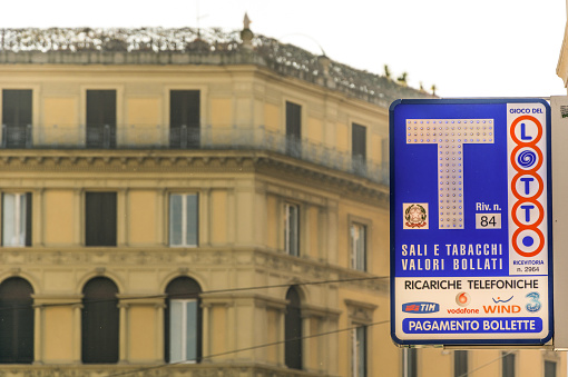 Rome, Italy - December 21, 2014: the banner of a tobacconist kiosk in Italy