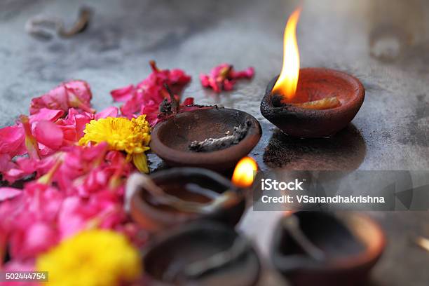 Coconut Oil Lamps Stock Photo - Download Image Now - Hinduism, Temple - Building, India