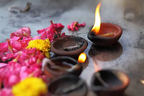 Coconut oil lamps in kapaleeswarar temple, chennai ,India.