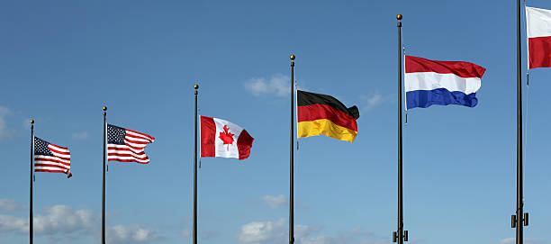 istock Panorama flags:  United States, Canada, Germany, Holland, Poland.  Copy space. 502447253