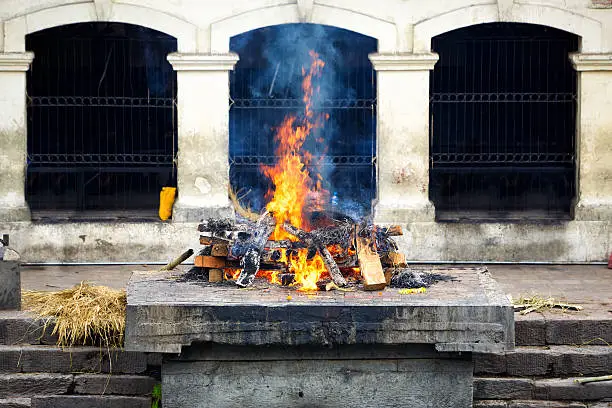 Cremation ceremony at Pashupatinath Temple in Kathmandu, Nepal