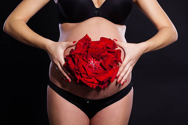 rote rose blume auf frau schwangeren bauch - human hair women horizontal rose petals stock-fotos und bilder