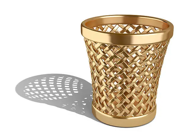 Gold wastepaper basket empty isolated on a white background. 3d rendering illustration