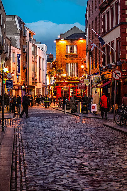 Temple Bar Dublin, Ireland - November 17, 2005: The Temple Bar district in central Dublin at night. Temple Bar has preserved its medieval street pattern, with many narrow cobbled streets. It is promoted as Dublin's cultural quarter and has a lively nightlife that is popular with tourists. temple bar pub stock pictures, royalty-free photos & images