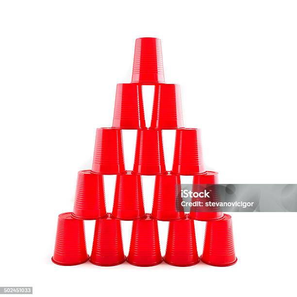Empty Plastic Red Cups Pyramid Stock Photo - Download Image Now - Disposable Cup, Stack, Cup