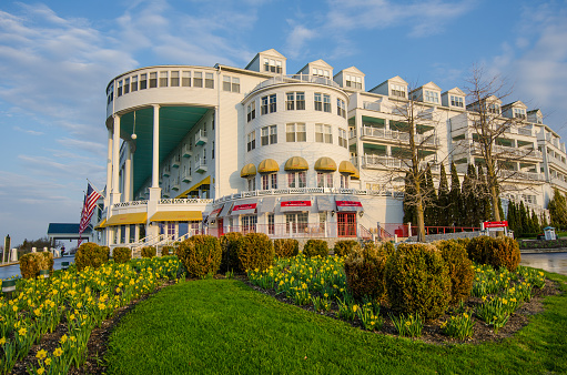 Mackinac Island, United States - May 19, 2014: The Grand Hotel in Northern Michigan is a summer resort hotel operating since 1887.