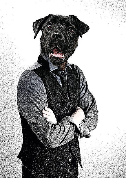 Man With Dog Head Mezzotint Illustration of a man with a dog head. animal head man stock illustrations
