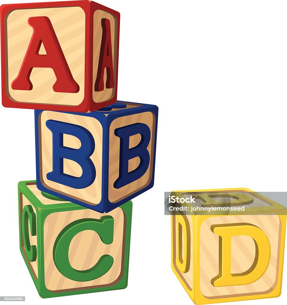 Alphabet Blocks Vector illustration of children's alphabet blocks.  Each block is on its own layer, easily separated from the other blocks in a program like Illustrator, etc.  Illustration uses linear gradients.  Both .ai and AI8-compatible .eps formats are included, along with a high-res .jpg, and a high-res .png with transparent background. Toy Block stock vector