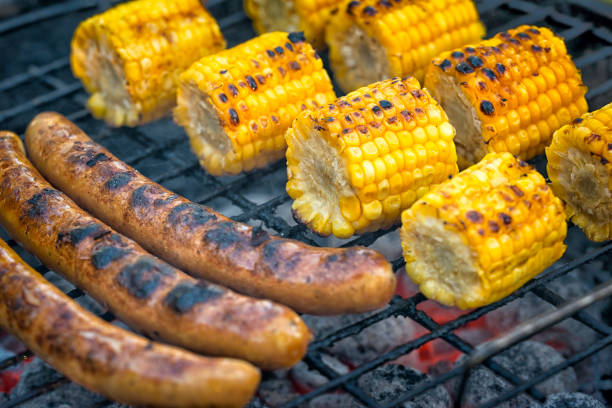 Sausages and corn on the cobs