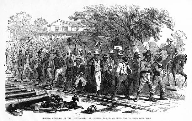 Contrabands at Fortress Monroe Engraving of the Morning Mustering of the Contrabands at Fortress Monroe, on their way to Their Day's Work, 1861 from "Famous Leaders and Battle Scenes of the Civil War," Published in 1864. Copyright has expired on this artwork. Digitally restored. drawing of slaves working stock illustrations