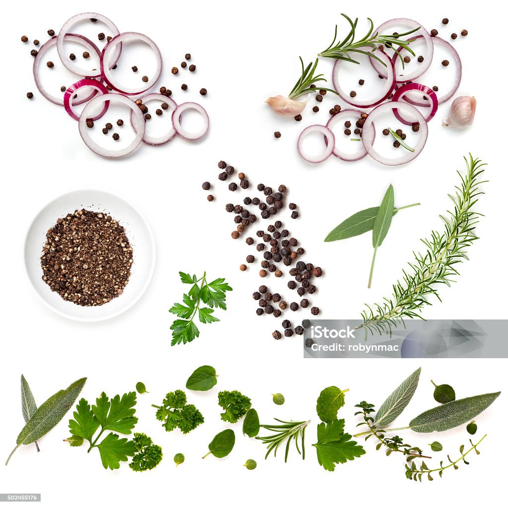 Food Background Collection Onions Herbs Peppercorns Food background collection with onions, herbs, and peppercorns, all isolated on white.  Overhead view. Pepper - Seasoning Stock Photo