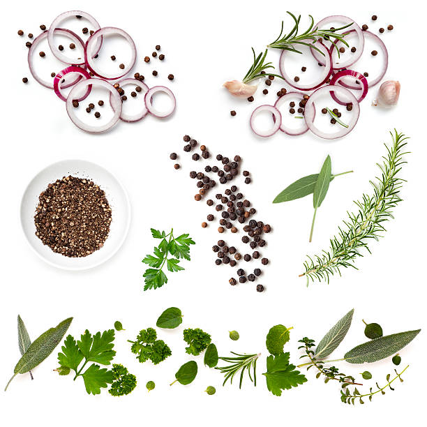 Food Background Collection Onions Herbs Peppercorns Food background collection with onions, herbs, and peppercorns, all isolated on white.  Overhead view. garlic clove photos stock pictures, royalty-free photos & images