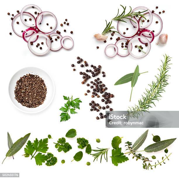 Food Background Collection Onions Herbs Peppercorns Stock Photo - Download Image Now