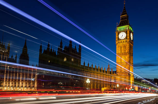 Big Ben London England by Night Big Ben by night.  With light trails. city of westminster london photos stock pictures, royalty-free photos & images