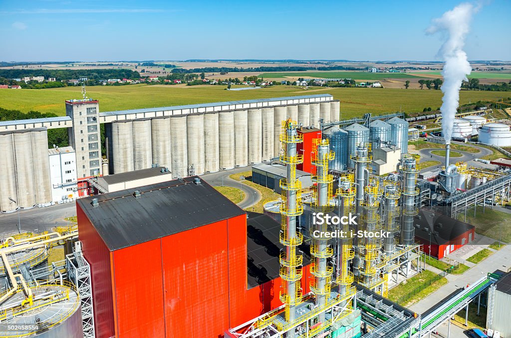 Biofuel factory aerial view Aerial view on the modern biofuel factory 2015 Stock Photo