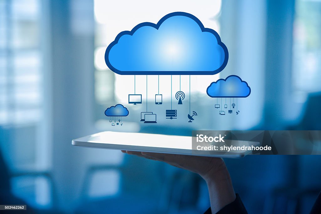 cloud computing hand touching visual screen Cloud Computing Stock Photo