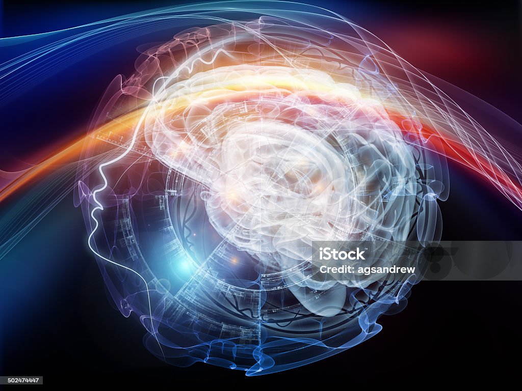 Mind Background Human Mind series. Artistic background made of brain, human outlines and fractal elements for use with projects on technology, science, education and human mind Alertness Stock Photo