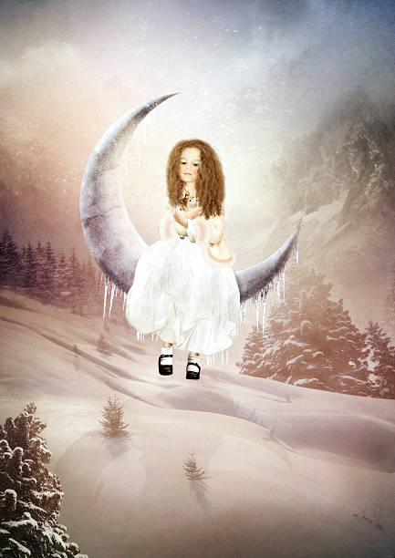  The little girl swinging on the moon on a winter day