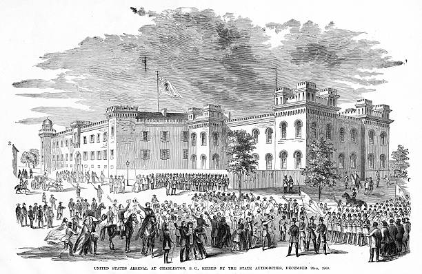 U.S. Arsenal Charleston, SC Engraving Engraving of the United States Arsenal at Charleston, SC, Seized by the State Authorities, December 28, 1860, from "Famous Leaders and Battle Scenes of the Civil War," Published in 1864. Copyright has expired on this artwork. Digitally restored. south carolina football stock illustrations