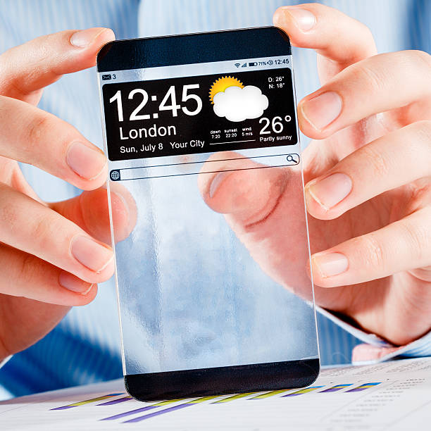 istock Smartphone with transparent screen in human hands. 502478269