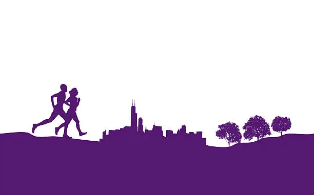 Vector illustration of Interracial Couple Running Jogging City Park Graphic