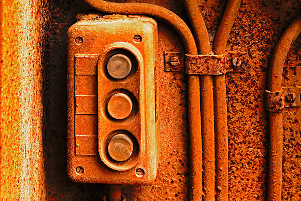 old electric switch on rusty plancha de pared - remote control close up selector gray fotografías e imágenes de stock