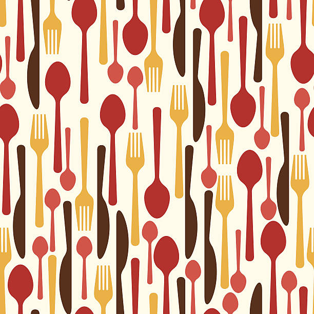illustrazioni stock, clip art, cartoni animati e icone di tendenza di seamless pattern con ristorante e utensili da cucina. - fork silverware table knife spoon