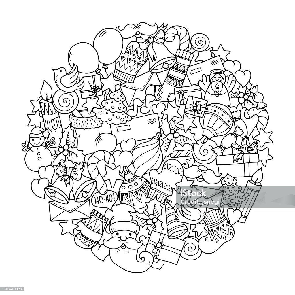 Christmas theme. Doodle winter mandala. Christmas theme. Doodle mandala with balloons, bells, sweets, Christmas socks, gifts, mittens, envelope, letter, tree, stars, candle, bird, snowman, ball, bow, heart and Santa Claus. Ethnic ornaments. Christmas stock vector