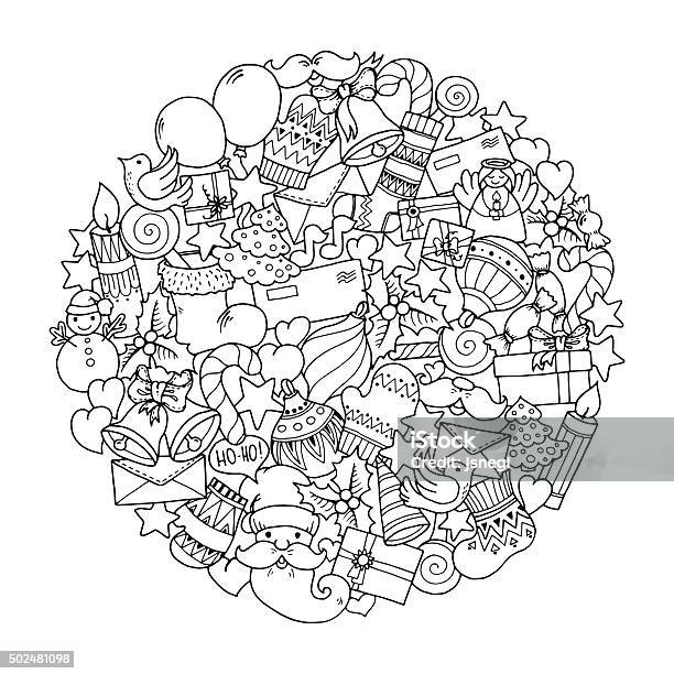 Christmas Theme Doodle Winter Mandala Stock Illustration - Download Image Now - Christmas, Black Color, White Color