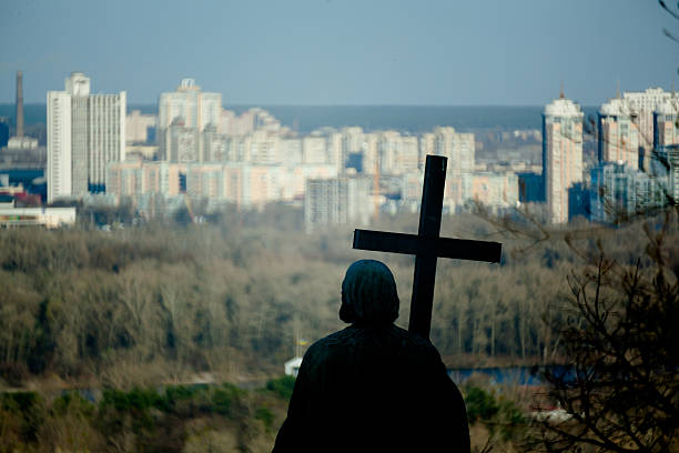 Vladimir monument and industrial Kiev, Ukraine
