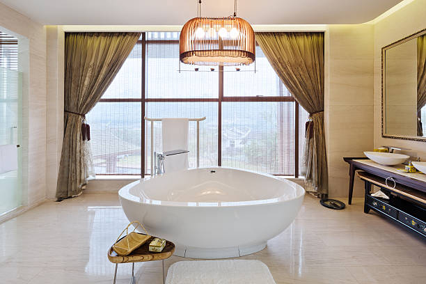 istock interior of modern bathroom with big bathtub 502486226