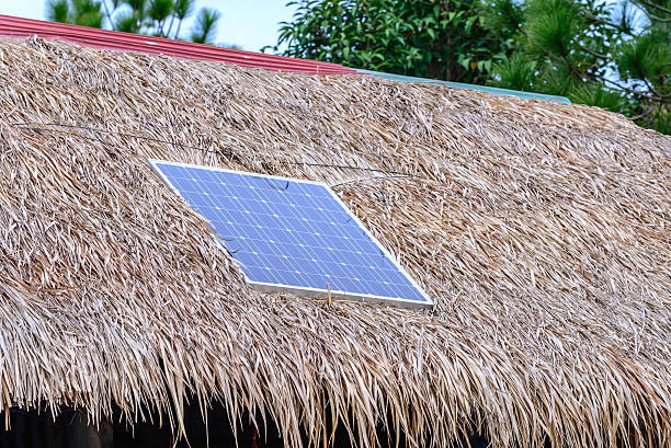 istock Solar cell on thatched roof for energy in forest. 502488878
