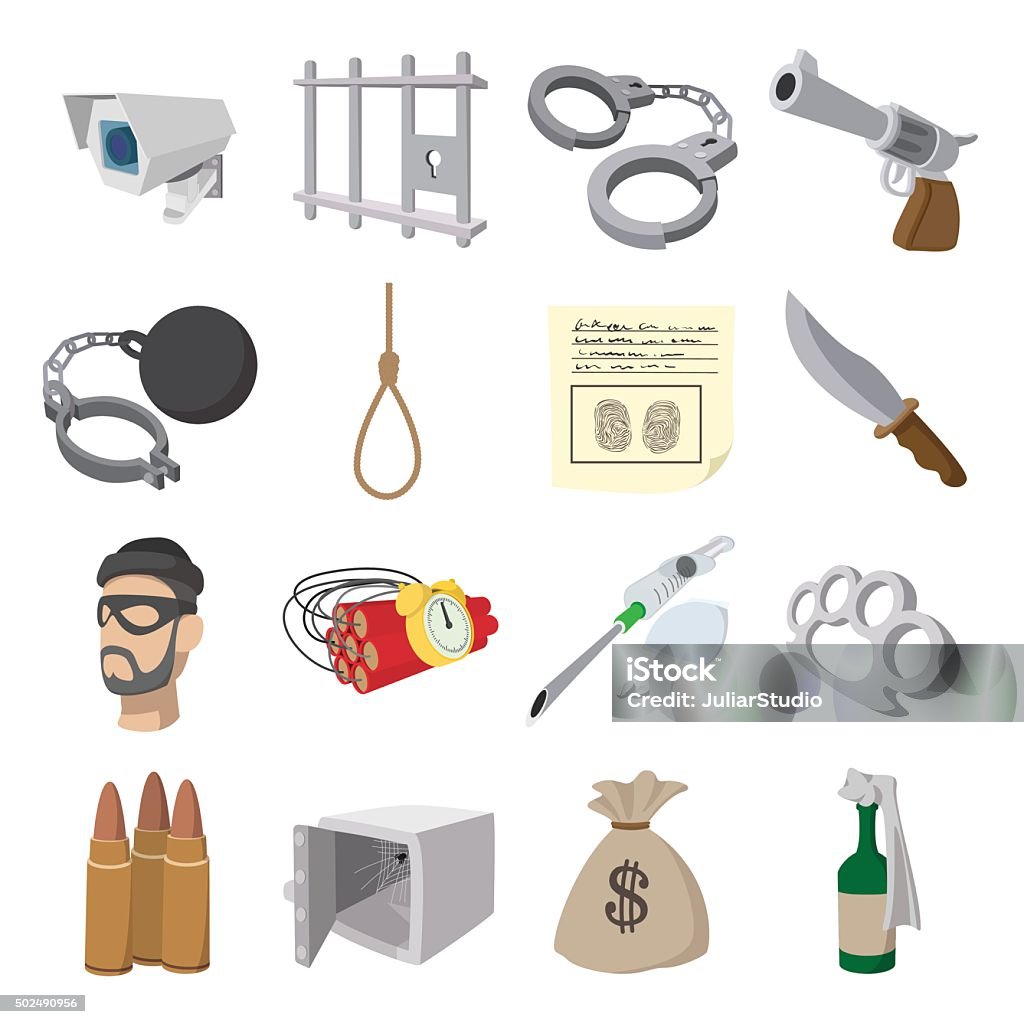 Ilustración de Iconos De Dibujos Animados De La Delincuencia y más Vectores  Libres de Derechos de Arma de mano - Arma de mano, Bomba, Cuchillo - Arma -  iStock