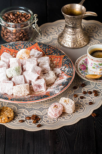 istock Cup of coffee with turkish delight 502491250