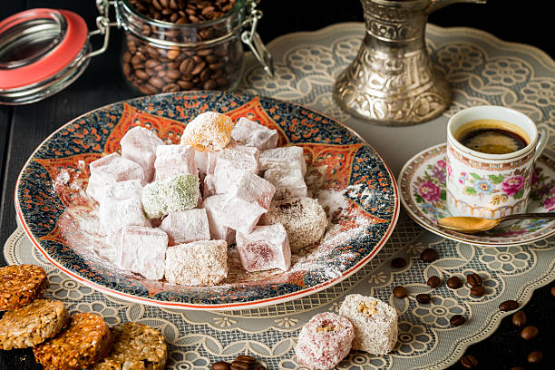 istock Cup of coffee with turkish delight 502491276