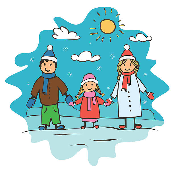 kinder, die zeichnung einer glücklichen familie. weihnachtskarte, vektor-illustration - women scarf sparse day stock-grafiken, -clipart, -cartoons und -symbole