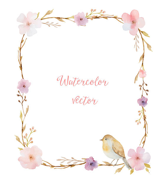 Watercolor bouquets in the shape of a rectangle. Watercolor bouquets in the shape of a rectangle of flowers and leaves. Summer flowers with space for your text. bird borders stock illustrations