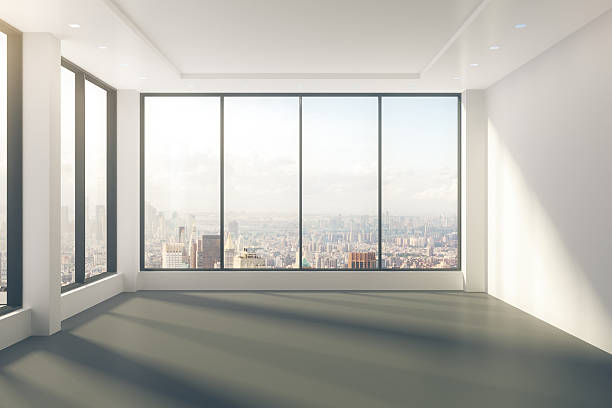 Modern empty room with windows in floor and city view Modern empty room with windows in floor and city view window stock pictures, royalty-free photos & images