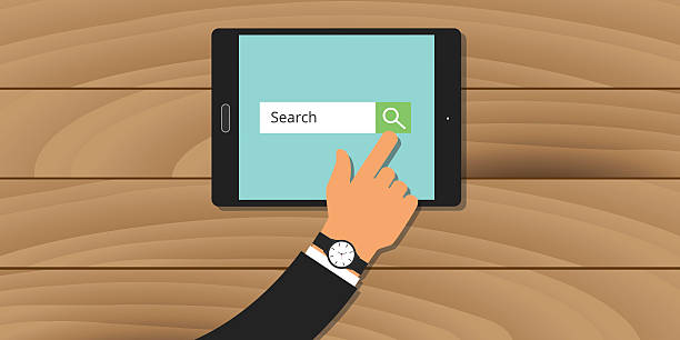 search engine analytics web tablet hand searching - google stock illustrations