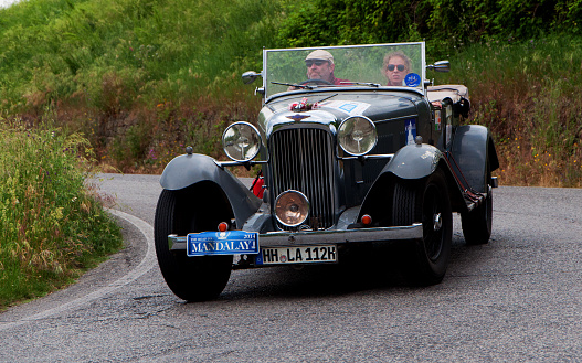 Pesaro, Italy - May 15, 2015: vintage car bentley in nidentified crew on an old racing car in rally Mille Miglia 2015 the famous italian historical race (1927-1957)