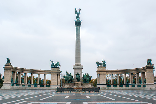 Sight in a cloudy day of the Heroes Square in Budapest, the capital of Hungary. The Heroes Square is one of the major squares in Budapest