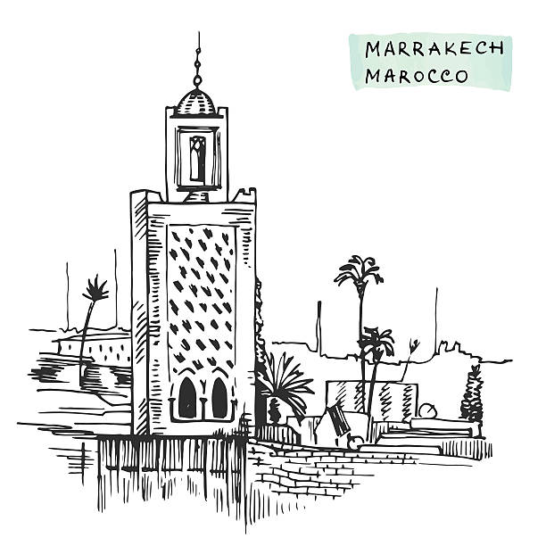 Marrakesh Morocco Black  building hand drawn ink vector illustration Marrakesh Morocco Black  building hand drawn ink vector illustration, cityscape sketch, Typographic design. marrakech stock illustrations