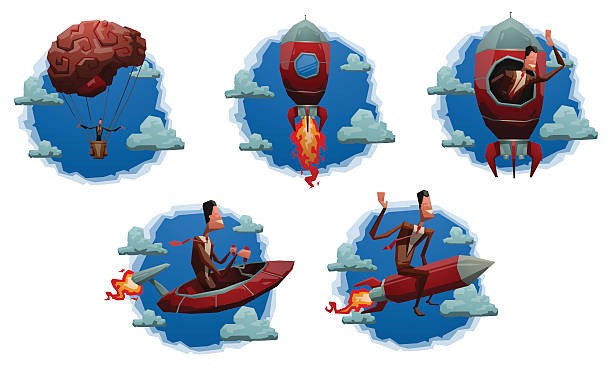클라우드 라벨 시작, 사업가 - taking off hot air balloon rocket ufo stock illustrations