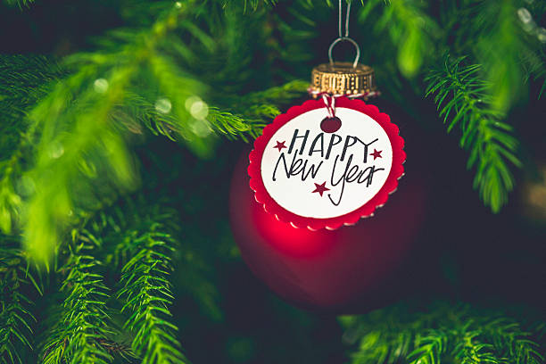istock Christmas bauble with New Year message on Christmas tree branches 502530084