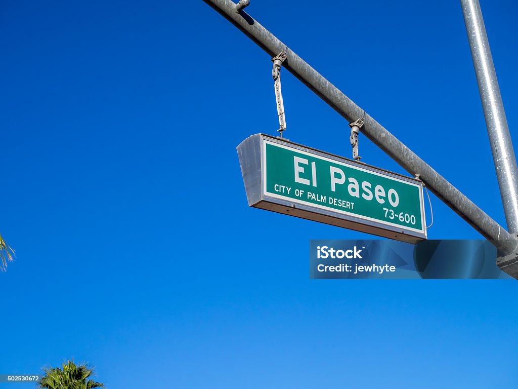 El Paseo street sign El Paseo street sign, known as the Rodeo Drive of the Desert, El Paseo Shopping District features over 300 shops, boutiques, art galleries, jewelers, and restaurants. Palm Desert - California Stock Photo