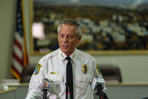 Fairbanks, AK. USA-Dec. 23, 2015: Fairbanks Police Chief Randell Aragon speaks at a press conferernce held at the Fairbanks Alaksa City Hall council chamber.
