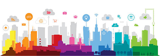 Modern city Silhouette background city technology creation stock illustrations