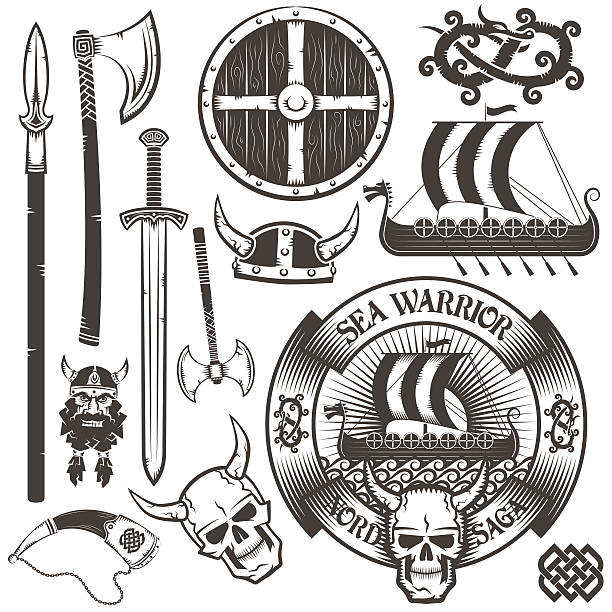 ilustrações de stock, clip art, desenhos animados e ícones de emblema viking - drakkar